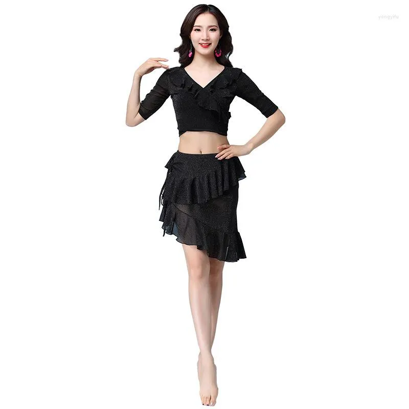 Stage Wear 2023 Women Belly Dance Clothing Costume Girls Practice Elastic Net Outfits Bellydance Sleeved Top And Skirt Lovely