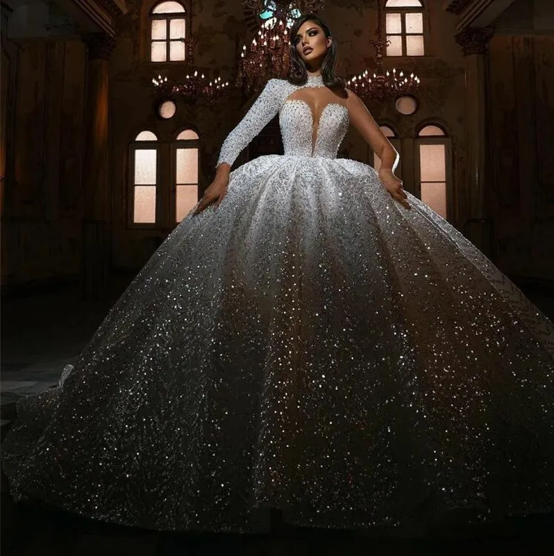 Vestido de baile de luxo vestido de noiva de lantejoulas de lantejoulas feitas de um ombro de pescoço alto vestidos de noiva de miçangas vestido de novia 2023