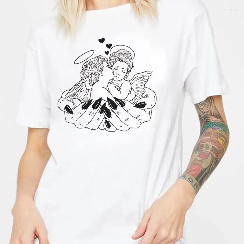 Women's T Shirts Angel Inside Hands Streetwear Woman Tshirts Grunge Egirl Aesthetic Vintage Top Cute Oversized Cherub T-shirt Witch Tee