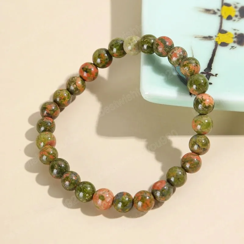 Braccialetti con perline Unakite in pietra naturale Donna Uomo Moda stile etnico Bracciale elastico tondo Energia Semplice gioielli da polso