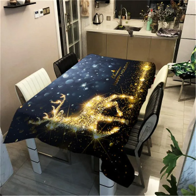 Table Cloth Christmas Golden Shiny Elk Snowflake Tablecloth Waterproof Oxford Kitchen Restaurant Mat Home Decor Cover