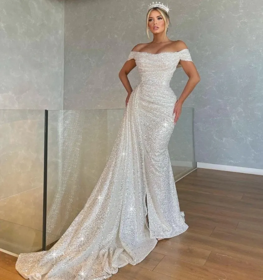 Glittering Sequined Off-Shoulder Cold Shoulder Evening Dress with Long Train - Customizable Prom Formal Gown for 2022