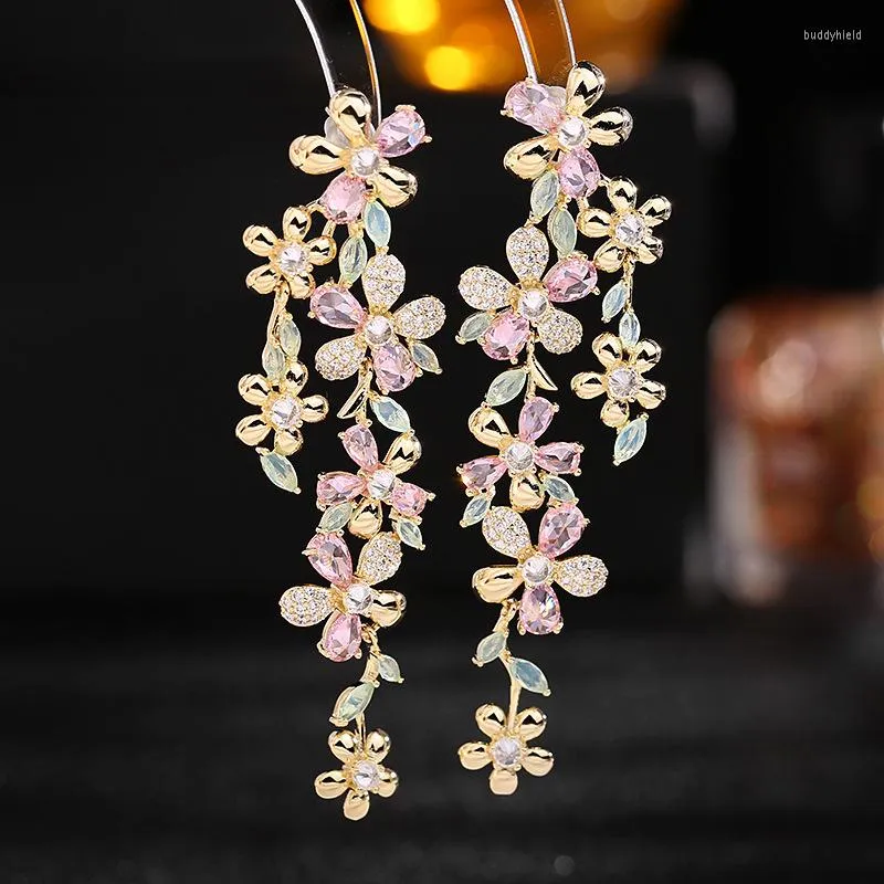 Boucles d'oreilles pendantes en argent 925 bijoux pour femmes fleur exagérée plante longue goutte pendante luxe plaqué or 18 carats boucle d'oreille pompon tendance