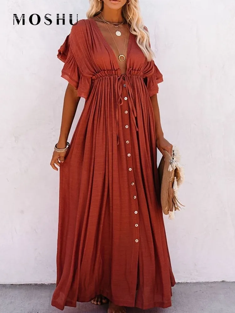 Casual Dresses Summer Beach Maxi Dress Women Boho Long Bikini Cover Up Dresses High midje Casual V-ringning Sexiga vita klänningar Vestidos de Mujer 230316