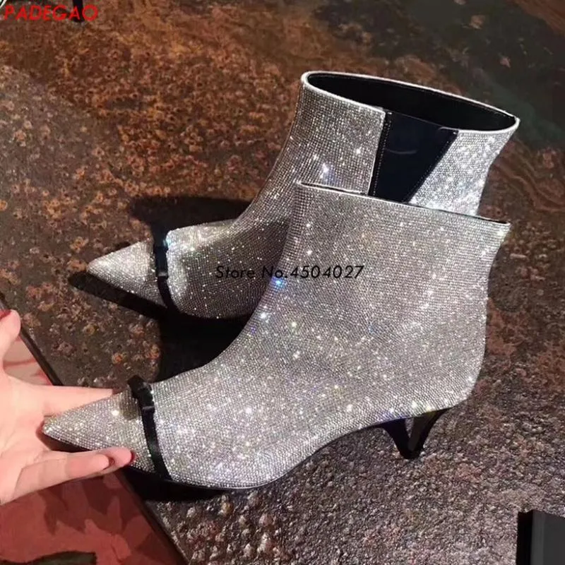 Crystal Rhinestone Diamante Ankle Boots With Pointed Toe And