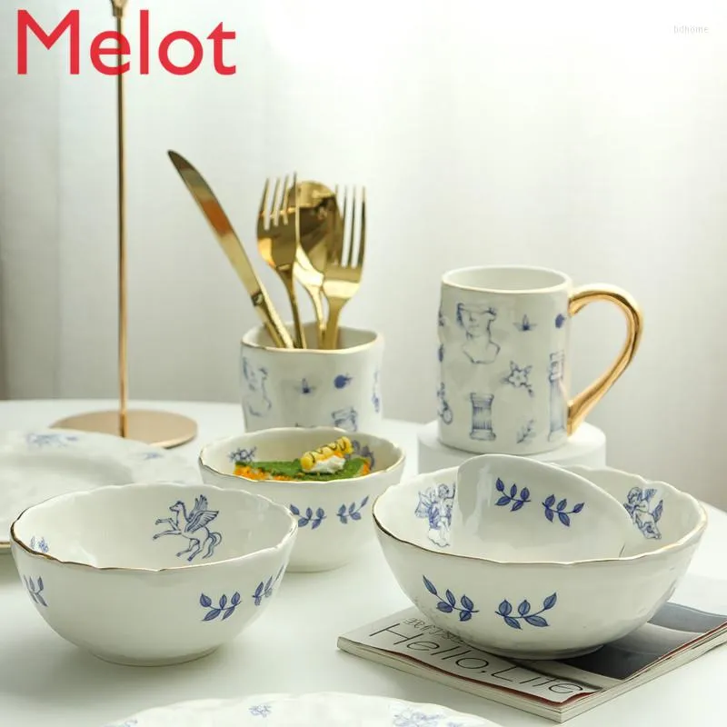 Bowls Hand-Painted Creative Individual Porcelain Tableware Set Bowl Instant Noodle Big Soup Rice Plate Cup Chopsticks Holder