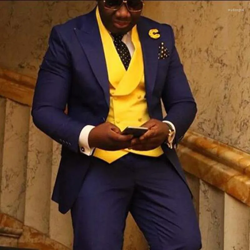 African Slim Fit Yellow Double Breasted Navy Blue Waistcoat Suit