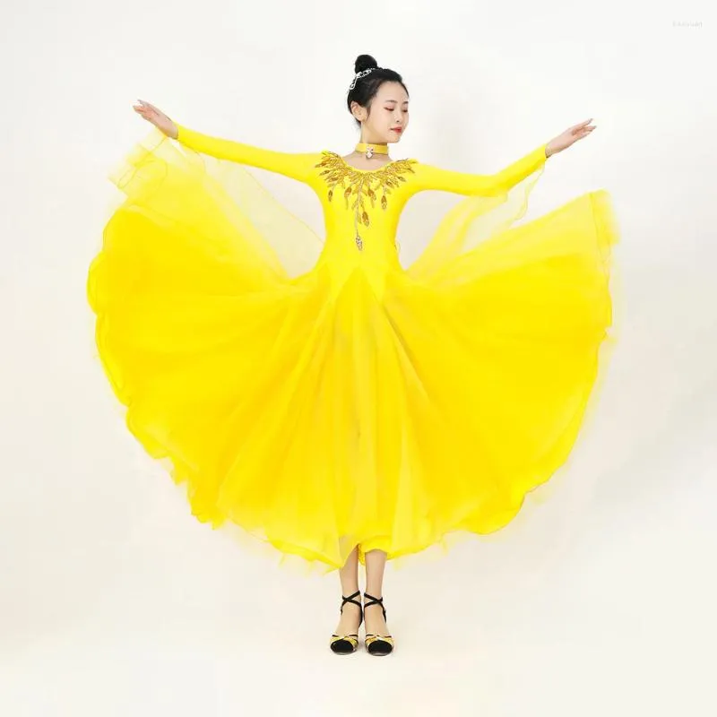 Vêtements de scène robe de danse de salon adulte senior strass grande balançoire femmes valse latine Tango Performance Costumes jaune