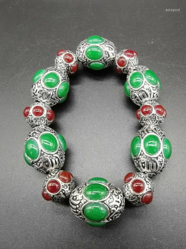 Bangle Chine Old Tibet Silver Carving Flower incragée Red Green Jade Bracelet Collection Ornements Statues for Decoration