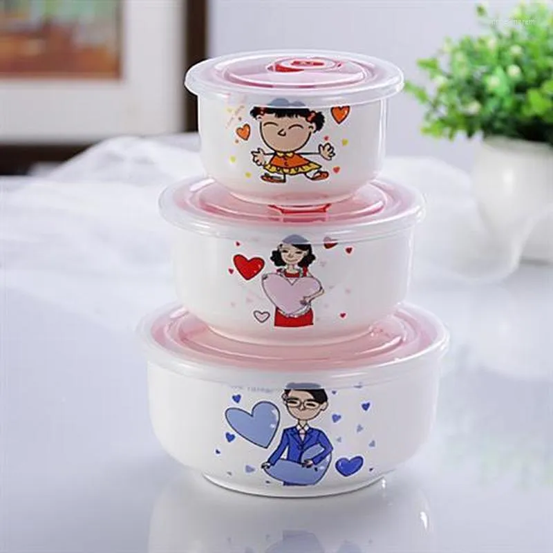 Bowls Three Sets Of Bone China Preservation Instant Noodle Bowl With Lid Microwave Sealed Lunch Box Plastic Ceramic Kirean