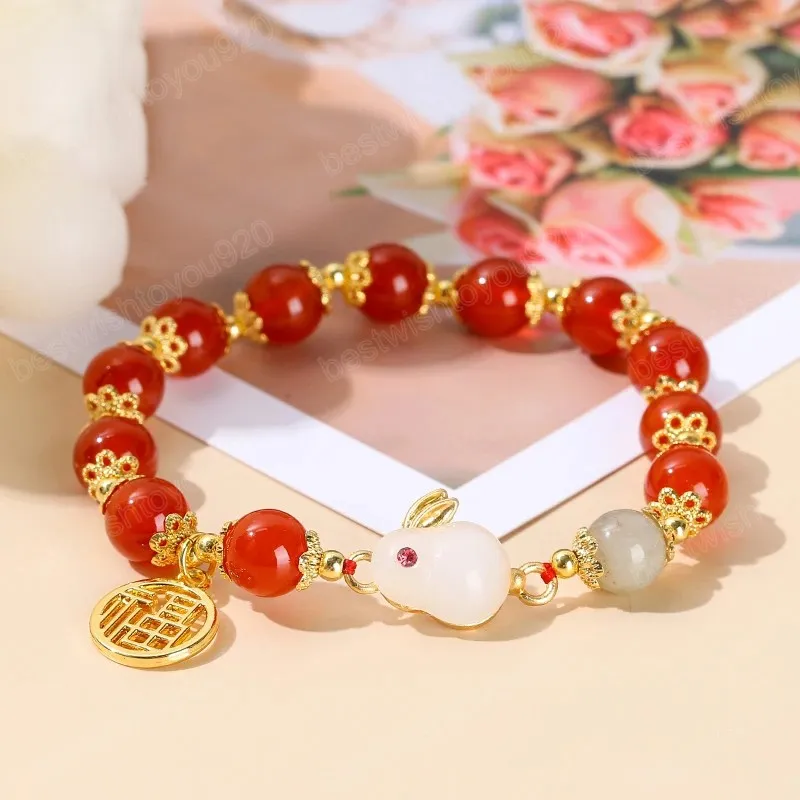 Qualidade de qualidade de ágata vermelha natural Bracelets fofos mulheres requintadas chinesas de personagem chinês charme banglles elásticos para meninas