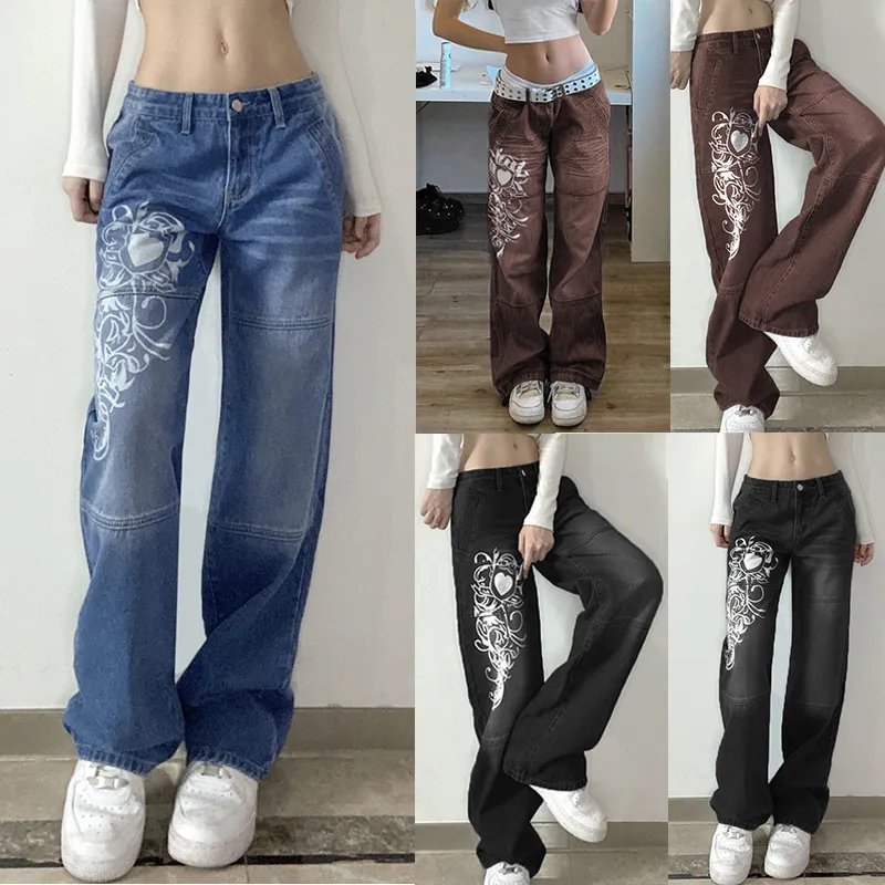 Harajuku kvinnors jeans grunge vintage hög midja lastbyxor y2k estetik indie kvinnor jeans fickor koreanska streetwear retro byxor