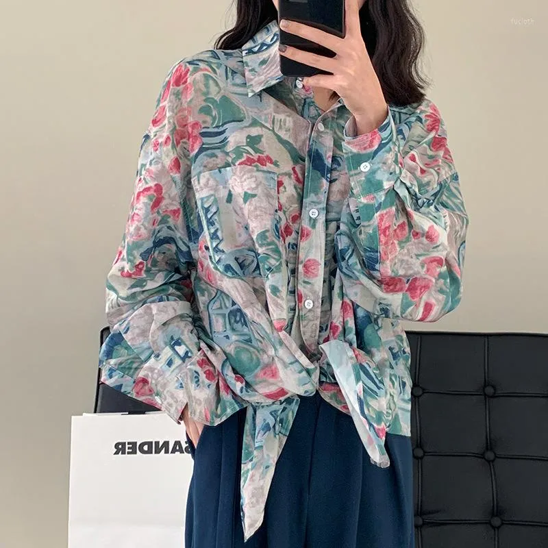 Blouses feminina coreana vintage pintura a óleo solta pintura de graffiti feminino roupas de peito único e camisa estampa de blaousa camisas de