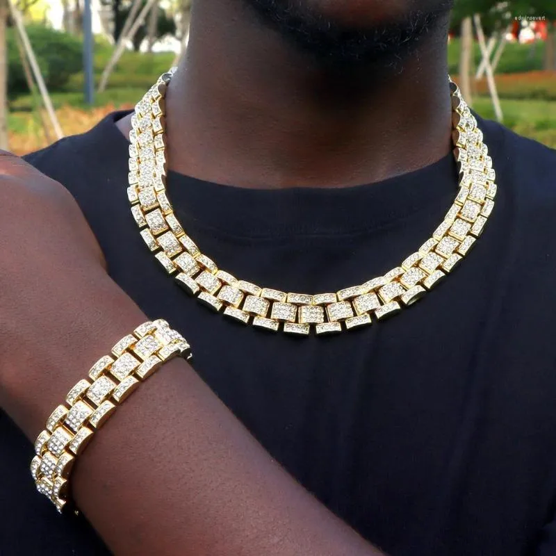 Kedjor män hip hop titta band kubansk länk kedja halsband is ut bling rhinestones asfalterade guld silver färg miami smycken