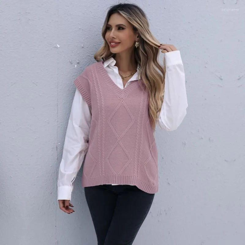 Damesvesten Casual roze paarse v-hals gebreide vest voor vrouwen herfst 2023 gebreide pullover gedraaid mouwloos vest jas