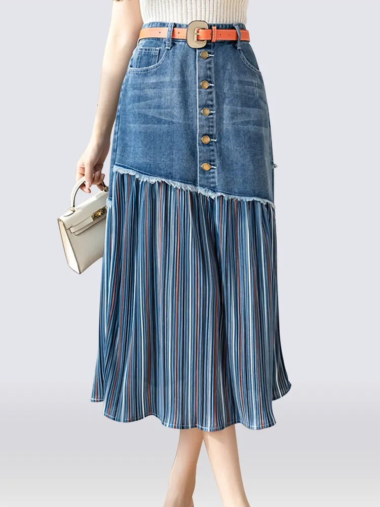 Юбка S5XL Пэчворки плиссированных джинсов юбки высокая талия разорванная винтажная элегантная корейская модная джинсовая ткань Большого размера KS10294 230317