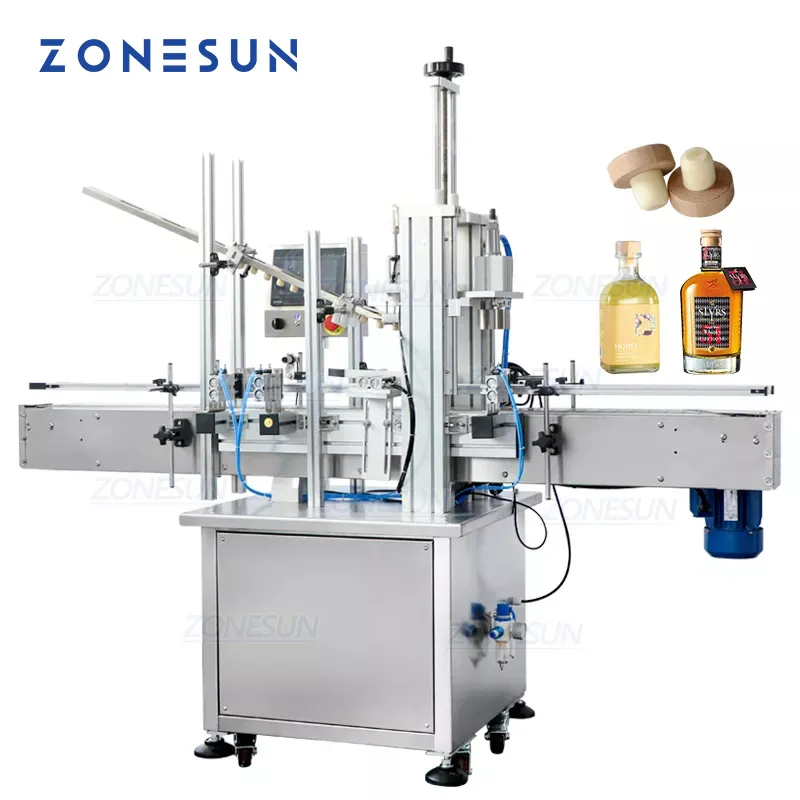 ZONESUN Automatic Whiskey Vodka Wine Glass Bottle Wooden Cork Pressing Capping Sealing Machine With Cap Feeder