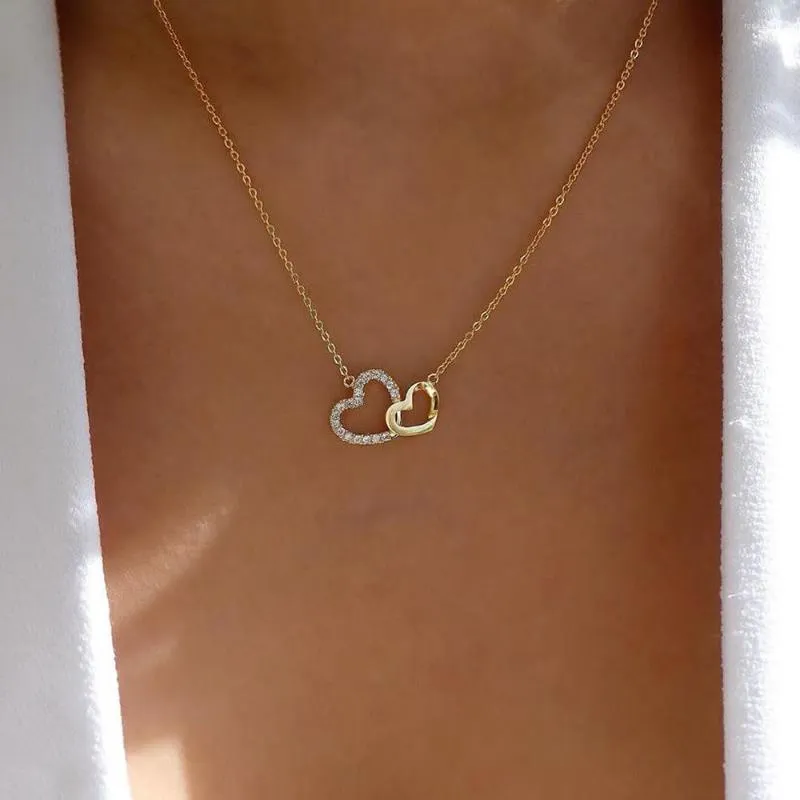 Choker Double Heart Necklaces For Women Pendant Gold Chain Chokers Crystal Heart-shaped Necklace Wedding Je Welry Gift Femme