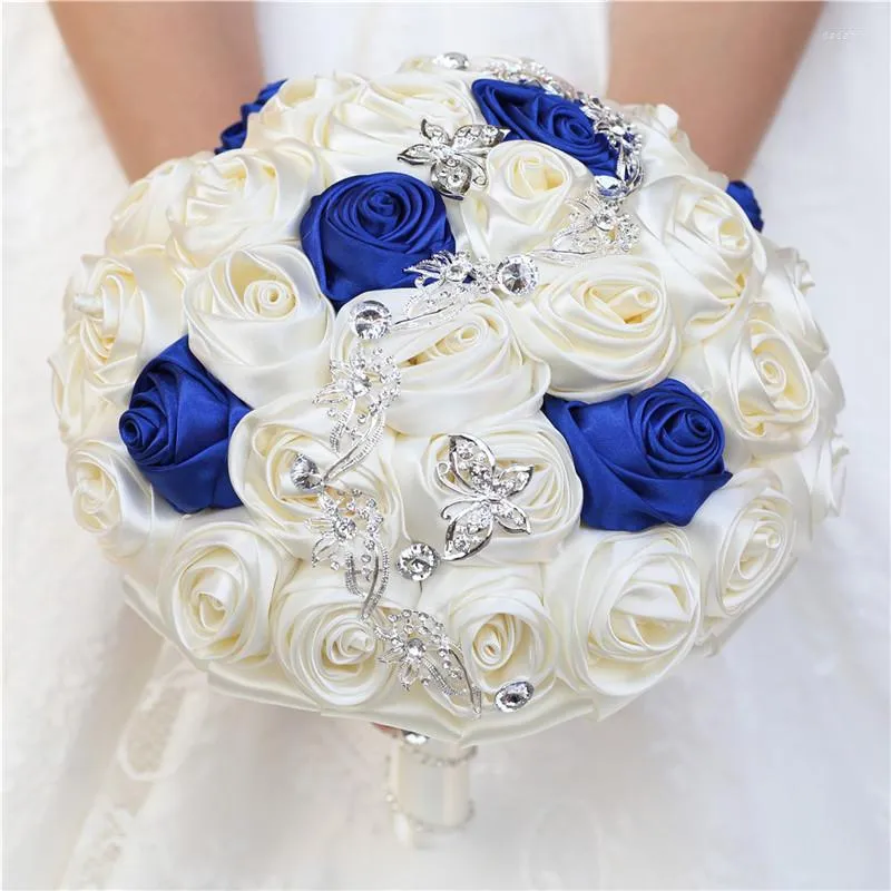 Fleurs de mariage faites à la main grande taille bleu ivoire mariée demoiselle d'honneur papillon argent diamant Bouquet tenant Fowers Buque Noiva W363