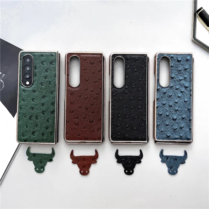 Folding Ostrich mönster Vogue Phone Case för iPhone 14 13 Pro Max Samsung Galaxy Z Fold4 Fold3 Flip3 Flip4 S23 Ultra S22 Plus S21 äkta läderfast skyddsskal