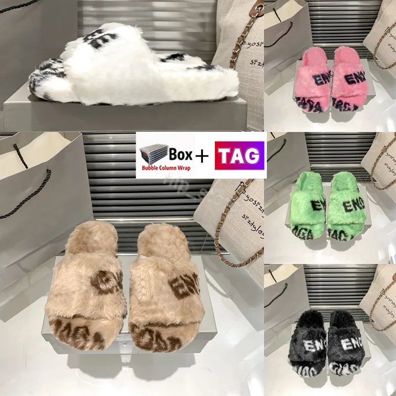 With Box Paris Slippers Womens Fashion Allover Logo Furry Slide Sandals Rubber Luxury Designer Moccasins Casual Outdoor Lady Shoes Size 35-40