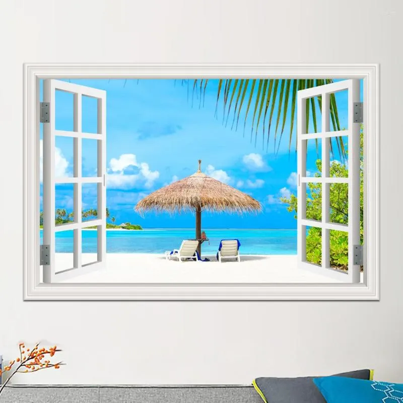 Adesivi murali Summer Beach Coconut Tree Immagine naturale Paesaggio Adesivo Decalcomania murale Carta da parati 3DWindow View Art Decor