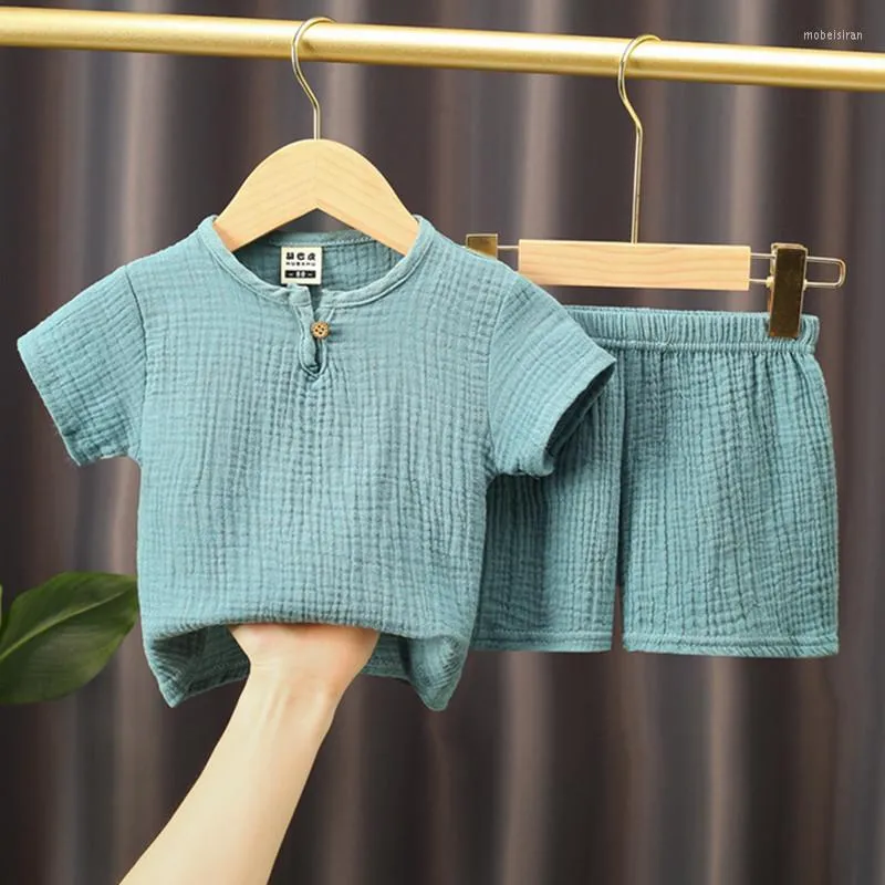 Kleidungssets 0-4 Jahre Jungen Mädchen Sommer Feste Baumwolle Leinen T-Shirts Elastische Shorts Kinderkleidung Lässig Für Kinder