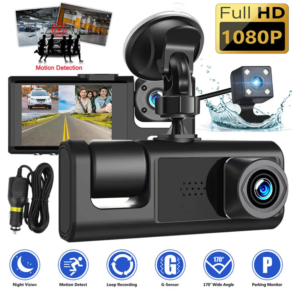 3-kanaals auto DVR HD 1080P 3-lens binnen voertuig Dash Cam Three Way Camera DVRS Recorder Video Registrator Dashcam Camcorder C309