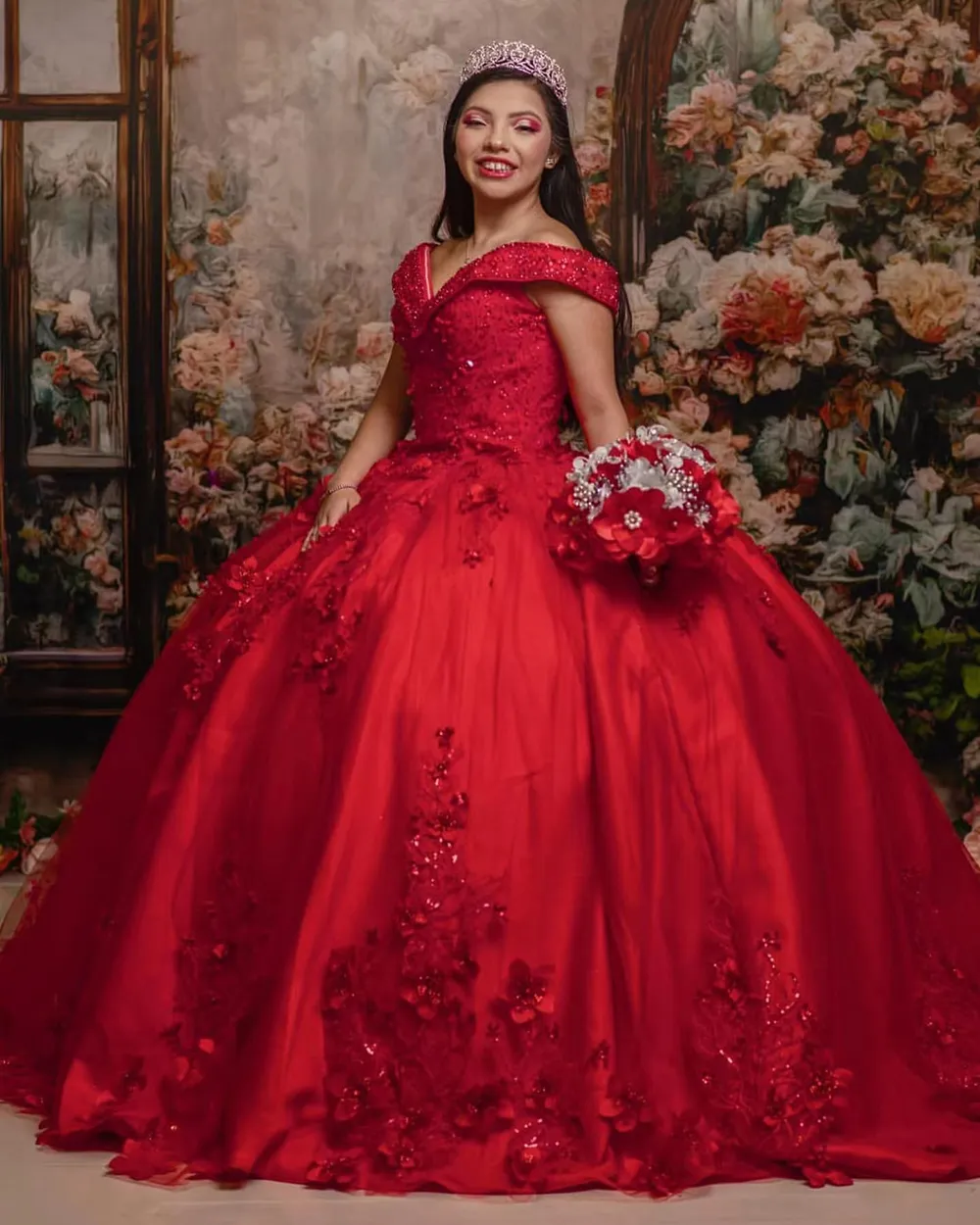Red Bling Bling Quinceanera Dresses Ball Gown 2023 Appliques Off Shoulder Sweet 16 Dress Party Gown Vestidos De 15 Anos
