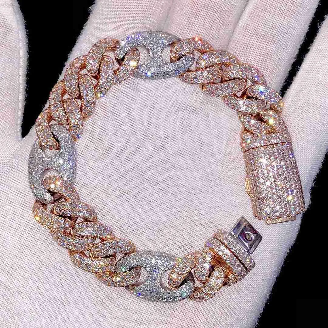 Men s 14mm Iced Out Cuban Link Bracelet VVS Moissanite Diamond 925 Sterling Silver 14k Gold Plated