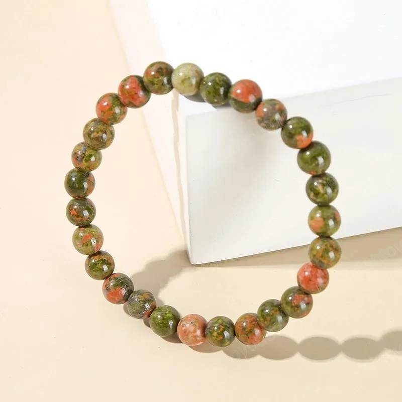 Braccialetti con perline Unakite in pietra naturale Donna Uomo Moda stile etnico Bracciale elastico tondo Energia Semplice gioielli da polso