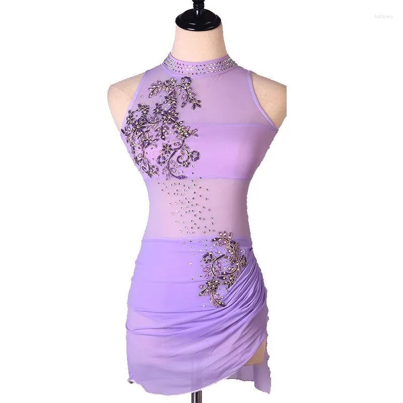 Stage Wear Abito da pattinaggio artistico viola Costume da ginnastica su ghiaccio per ragazza da donna con strass personalizzato senza maniche