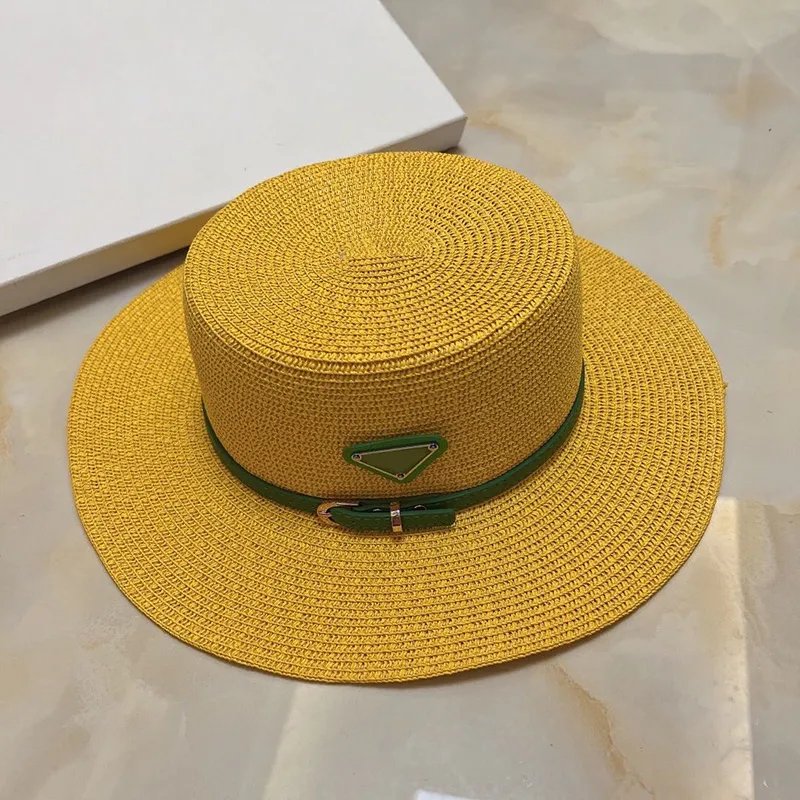 Wide Brim Straw Bucket Caps Hats Fedoras for Mens Womens Designer Sun Protection Spring Summer Fall Beach Vacation Getaway Flat Top Headwear with Green Band Yellow