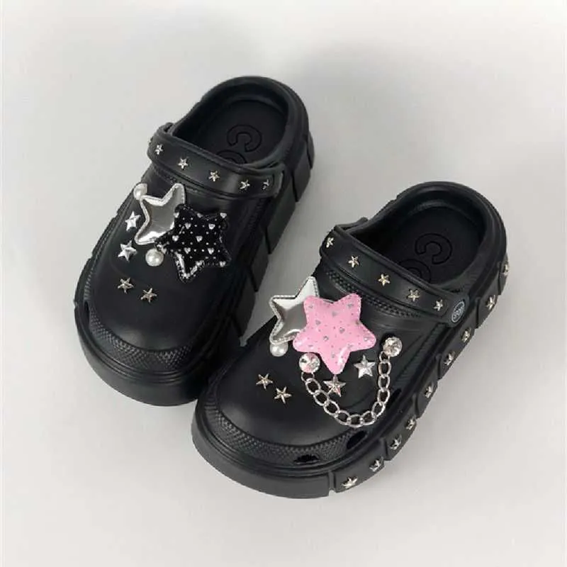 Slippers Summer Women Sandals Clogs Garden Shoes High Heels Sweet Punk Rivet Charms Black Platform Slippers Casual for Female 230317