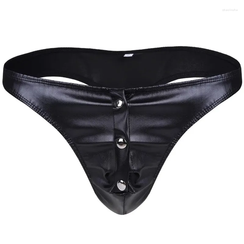 Sous-vêtements hommes PU cuir bouton ouvert pénis poche sous-vêtements colloïde imitation latex slips brillant U convexe érotique corps lingerie