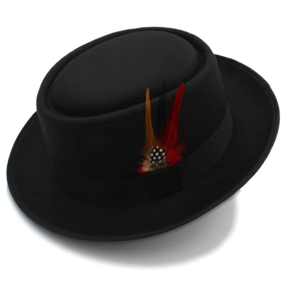 Geniş pis şapkalar kova şapkaları geniş ağzına kadar kötü şapka kova şapkaları moda kadın erkekler domuz turta baba yün düz fedora şapka bayan beyefendi kumarbaz panama trilby şapka ile moda tüyü