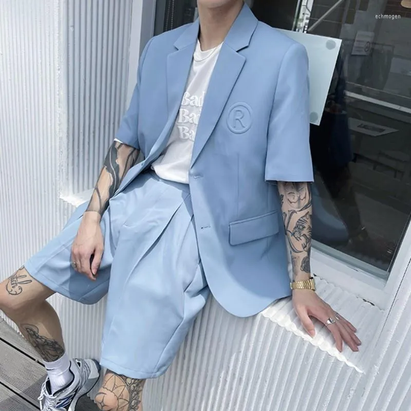 Mäns kostymer män sommar kort ärm blazer jacka löst fit raka shorts två stycken set vintage high street casual kostym set dräkt homme