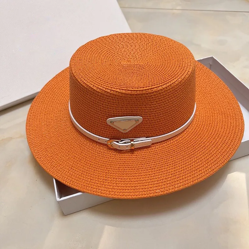 Chapeaux de seau en paille à large bord Chapeaux Fedoras pour hommes et femmes Designer Protection solaire Printemps Été Automne Plage Vacances Escapade Flat Top Chapeaux avec Bande Blanche Orange