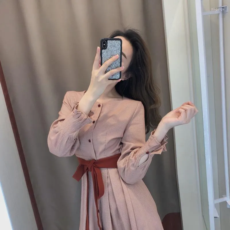 Vestidos casuais manga longa Soild Square Collar Dress Mori Girl Temperamental Mulheres caem francês vintage da cintura alta fada rosa