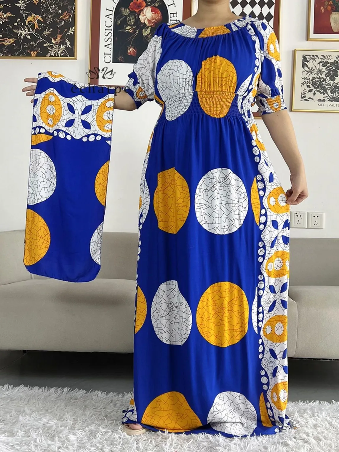 Dashiki Cotton Floral Dress with Scarf - Short Sleeve, Waist, Straight, Loose Fit for Women - Latest Sky Blue Ethnic Dress (230317)