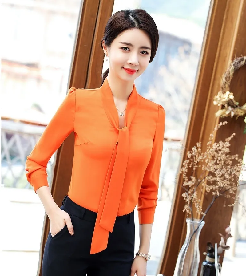 Blouses -shirts voor vrouwen formele vrouwen blouses shirts oranje lang mouw kantoor mode dames werk slijtage blouses ol style 230317