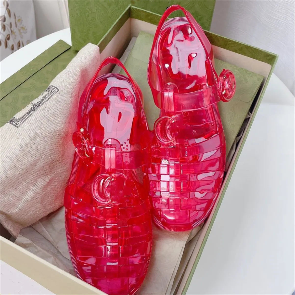 luxury Designer Women's Sandals Jelly Sandal Slippers Sandals Rubber Shoes Flip Flops candy Transparent clear Women Double G Flat Buckle Beach Roman shoes Red 35-42