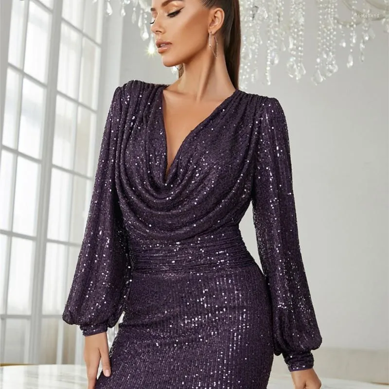 Robes décontractées 2023 Sexy col en v profond paillettes dos ouvert à manches longues Slim Fit Mini Dressx élégant Club robe de soirée Vestidos