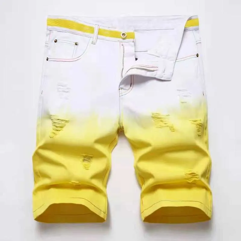 Pantaloncini da uomo Verde Giallo Denim Corto Uomo Corto 2022 Estate Cargo Jeans Corti Uomo Casual Marca Classic Beach Uomo Pantaloncini strappati con foro Bermuda G230316