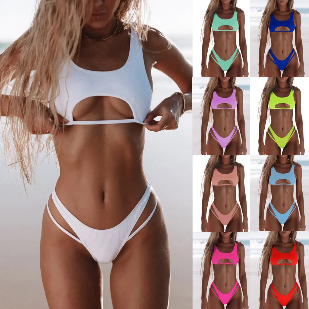 Costume da bagno donna Costume da bagno sexy bikini scava fuori Costume da bagno femminile taglio alto solido Abbigliamento da spiaggia