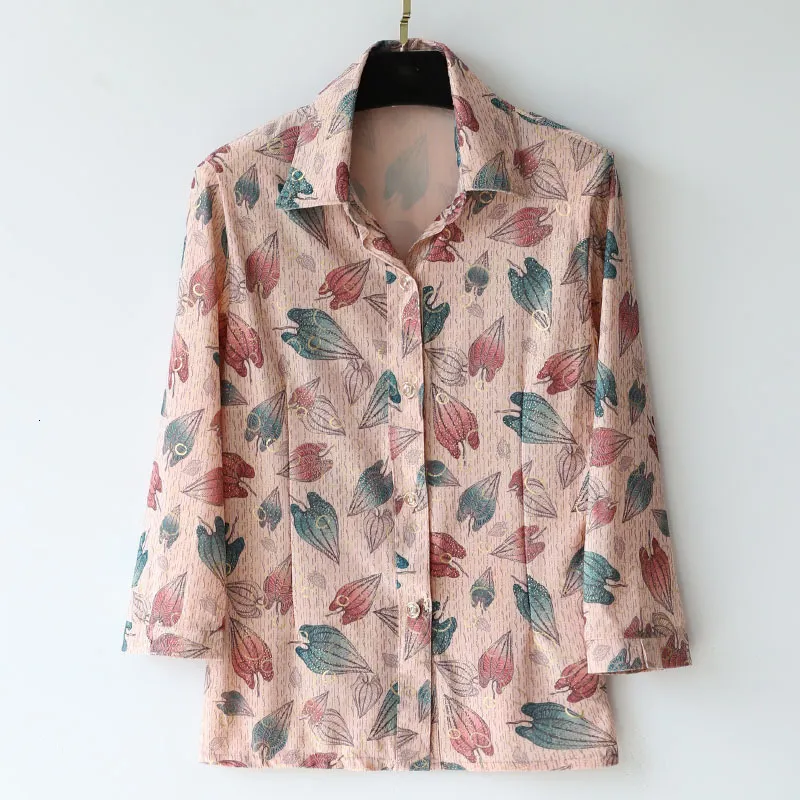Bluzki damskie koszule w średnim wieku Bluzka Summer Summer Mother Odzież Size Silk Print Szyfonowa koszulka Blusa Feminina Top Cardigan 5xl W2128 230317