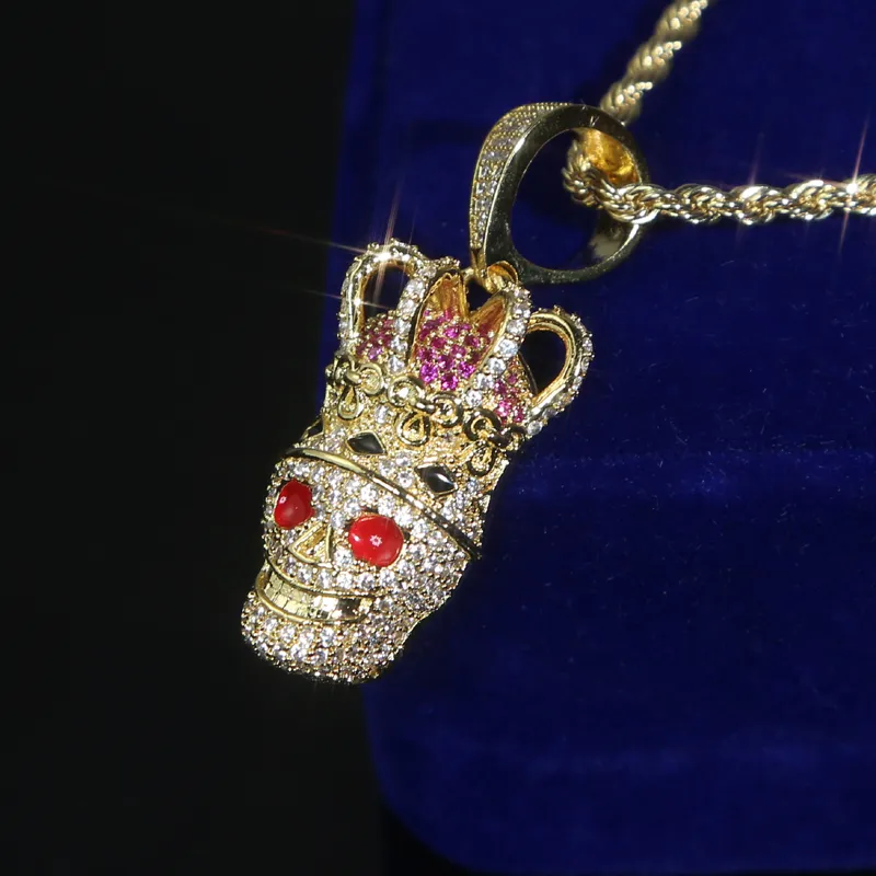 Fashion Bling Cz Paved Crown Shaped Skull Pendant Iced Out Cubic Zirconia Gold Plated Hip Hop Rock Jewelry for men women punk styles necklace drop ship