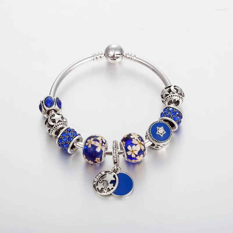 Bangle Silver Plated Royal Blue Crystal Charm Bracelet & Bangles Femme Star Moon Beads For Women Fashion Jewelry