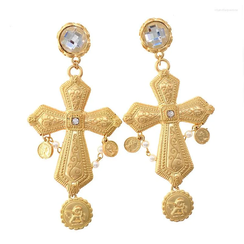 Stud Earrings 2023 European And American Retro Goddess Golden Cross Drop-Shaped Spring Summer Women