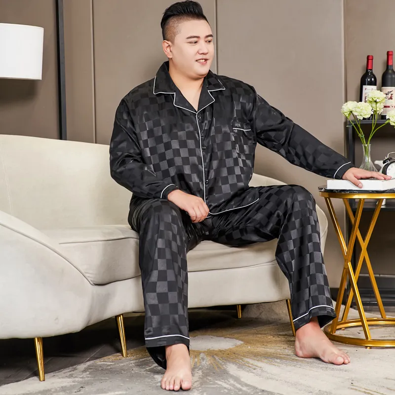 Men's Sleepwear 3XL-5XL Large Size Black Plaid Silk Pajamas Satin Man Autumn 2 Piece Set Long Sleeve Shirt and Pants Sleepwear Outfits Men Pjs 230317